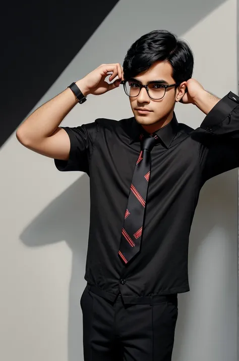 21 years old boy with either medium sized black hair wearing black blaze and glasses along with tie , background colour is redish black.
