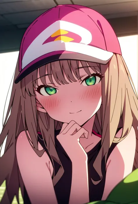 minami yume ,sss dynazenon ,long hair, brown hair, (green eyes:1.5) ,blush,smile,hair band,sleeveless shirt,baseball cap,long sk...