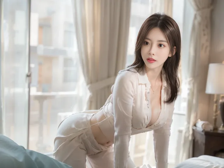 Detailed , open shirt show, luxury office manager,Sex between a 55-year-old virgin man and a beautiful very slut girl,Fairytale Girl、whole body、good style、、、、formal jacket、、long black hair,((Realistic lighting, Best quality, 8K, Masterpiece: 1.3)), Clear f...