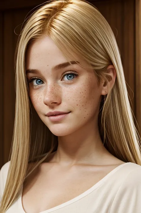 white skin girl, with freckles, Brown eyes, straight brown hair with blonde tips, Pixar style 