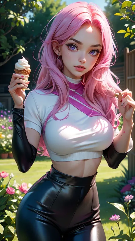 Best quality, Masterpiece, Portrait, Perfect anatomy, Femininity, Cool, Flawless, , Solo, Sexy, Stylish, Mature, Purple eyes, Long light pink hair, Mole above lip, Red lipstick, Big breasts, pink top and leather leggings, sexy eating ice cream, in the gard...