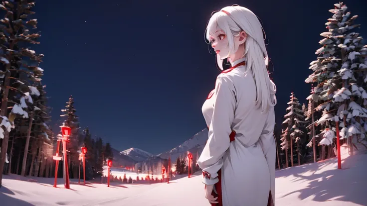 1 Girl, medium light white hair, light white eyes, wearing Red Suit 4D , night TOWN 18+, high res, ultrasharp, 8K, masterpiece, looking from behind