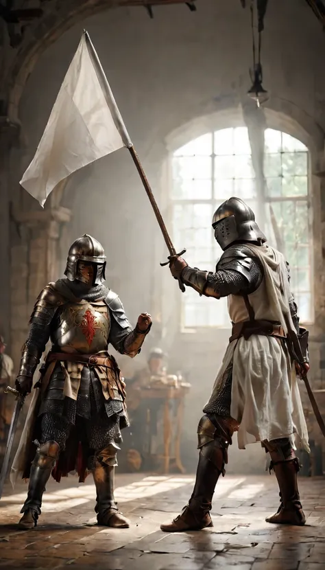 two knights in a duel, with one laying down his sword and raising a white flag,  holding a white flag, hyper realistic, ultra de...