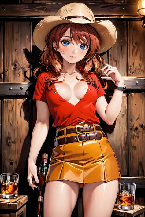 (((1 person:2.0))),((Gemini Sunrise:1.8))),(((Brown belted mini skirt:1.8))),(((Slim body:1.8))),(((Brown gun belt with holster:1.8))),((Brown cowboy hat:1.8)),((Wear a metal watch on your wrist:1.8))),(((Showing cleavage))),(((Exposed thin inner thighs)))...