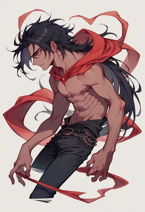 Man with raven black hair and crimson eyes . His hair long back down to his waist