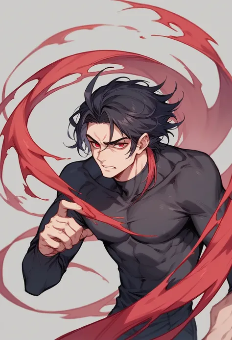 Man with raven black hair and crimson eyes . His hair long back down to his waist