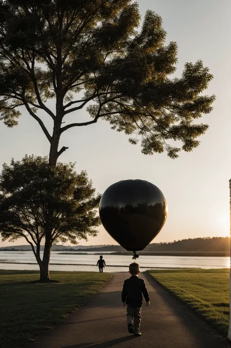 Boy walking into the twilight with a black balloon 