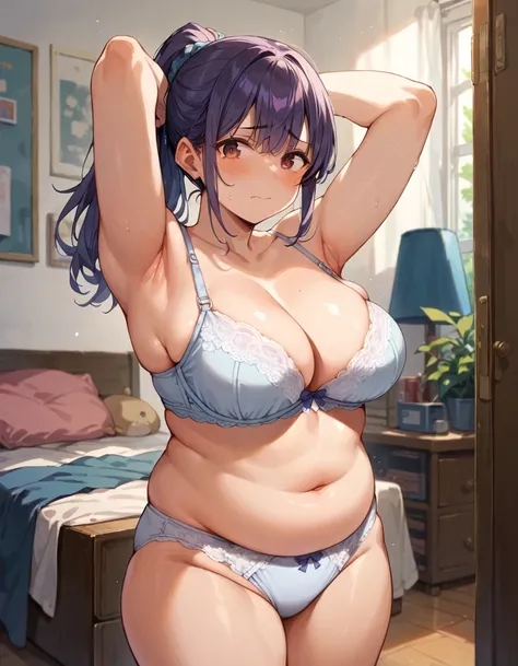 score_9, score_8_up, score_7_up, source_anime, 1girl, dark purple hair, brown eyes, ponytail, large breasts, bra, panties, chubby body, embarrassed, pose, arms up, private room, apartment,