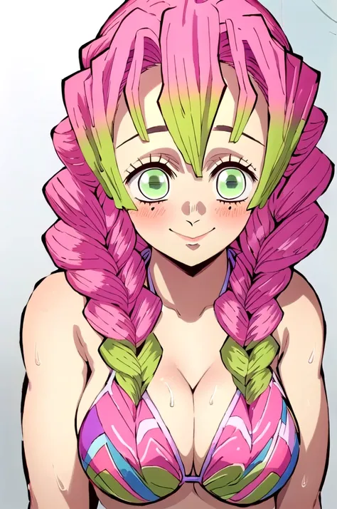 (masterpiece, best quality),  intricate details,
MitsuriKanroji,  kanroji mitsuri, 1girl, solo, long hair, winking, green eyes, pink hair, braid, green hair, twin braids, smile, cute smile, blushed smile, blush, blushing, large breast, huge breasts, bikini...