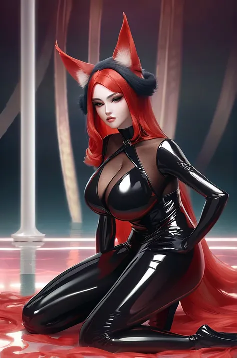 ((Лучшее качество)), ((шедевр)), (подробный), kitsune, very large breasts, latex black jumpsuit, sexy appearance, red hair, long fox ears, big lips, full-length, one-piece full-body suit