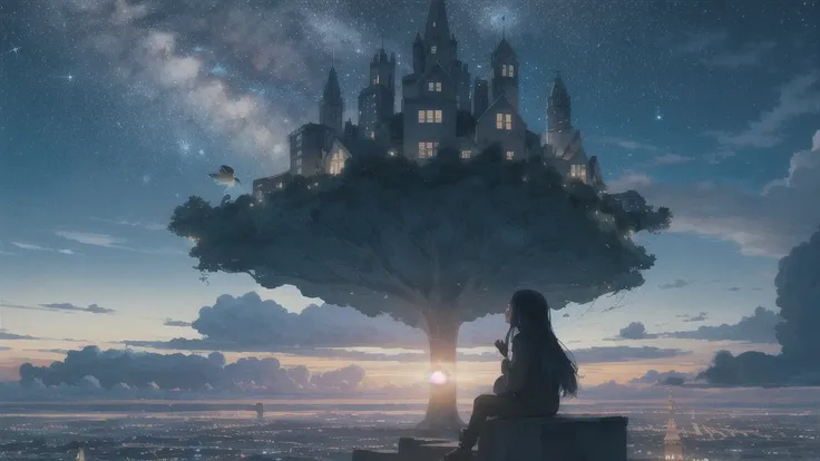 octans, sky, star (sky), scenery, starry sky, night, 1girl, night sky, solo, outdoors, building, cloud, milky way, sitting, tree, long hair, city, silhouette, cityscape,parakeet