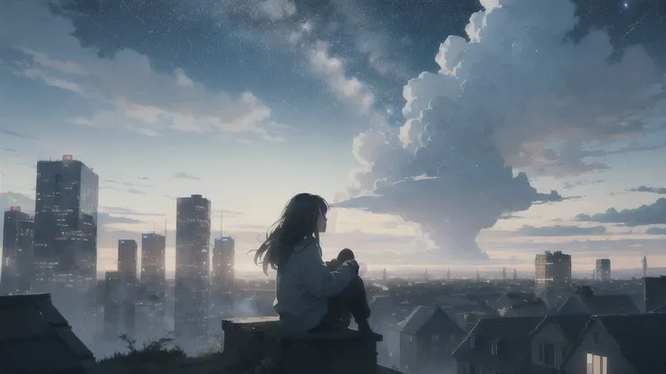 octans, sky, star (sky), scenery, starry sky, night, 1girl, night sky, solo, outdoors, building, cloud, milky way, sitting, tree, long hair, city, silhouette, cityscape,parakeet