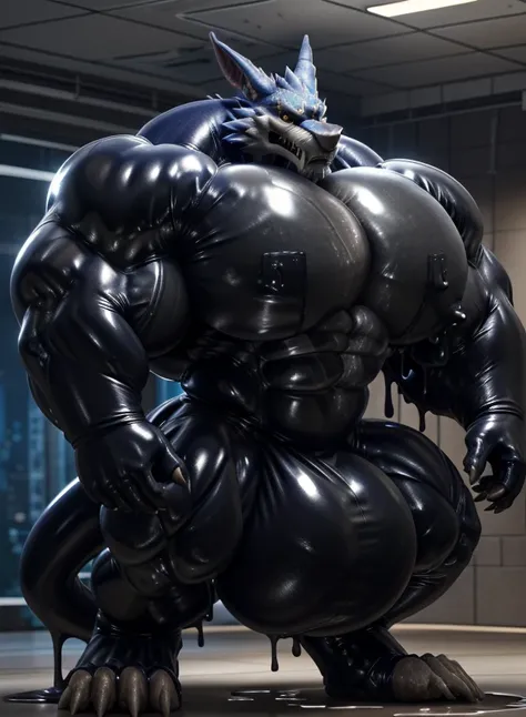 solo, male, , , ,  (hyper pecs:1.4), （long thick thighs:1.5）, standing, indoor,，(，,(,solo,very hyper muscles:1.3)((, Huge bulge：1.6)）（corruption)), black glowing liquid，（((liquid_latex, , rubber:1.2)，,black latex，goo transformation，(gooey)()(l），unreal engi...