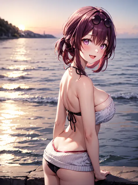 Masterpiece ,best quality , high resolution  , (1 girl solo:1.38) , (kafka , sunglasses , eyewear on head , purple hair , pirple eyes , tall, slim body) , (wear bikini , white knit sweater , strapless , head tilt) , (cleavage:1.15) , (big breast:1.1) , (ou...