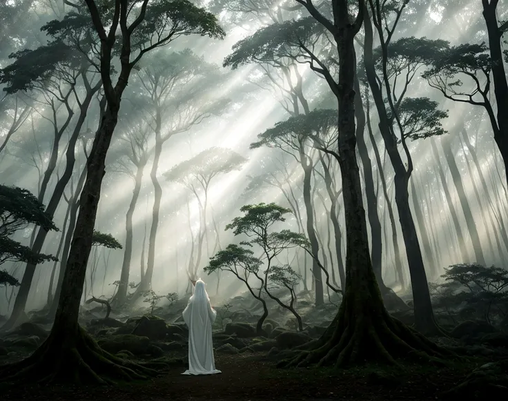 A mist-covered ancient forest at dawn, with sunlight filtering through the dense foliage. Amidst the trees stands a solitary figure, dressed in robes adorned with celestial symbols. Their gaze is fixed upwards, where a luminous portal hovers, radiating sof...