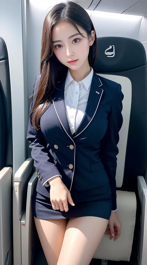 top quality, masterpiece, 8K, Super high resolution, (realistic:1.4), 1 girl、beautiful face、symmetrical eyes、giant 、perfect body proportions、stewardess uniform、clean legs、look at the viewers、(inside the airplane:1.2)、Looking straight ahead、shoulder、absolut...