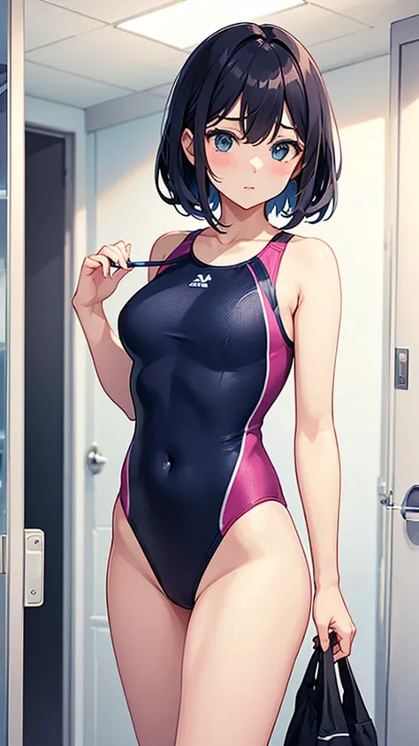 In the changing room、A girl changing into a competitive swimsuit　On the way to change clothes　She&#39;s trying to pull up her swimsuit　Upper body naked　