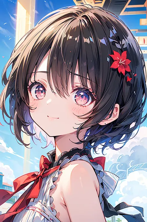 (masterpiece, highest quality, highest quality, (No text), Beautiful and aesthetic:1.2),No text,アニメ、BREAK,One Girl，Black Hair Girl　short hair　Tree Eyes　Beautiful eyes　Red eyes　cool　smile　Red and Black　Shoulder　mini skirt　whole body　In town