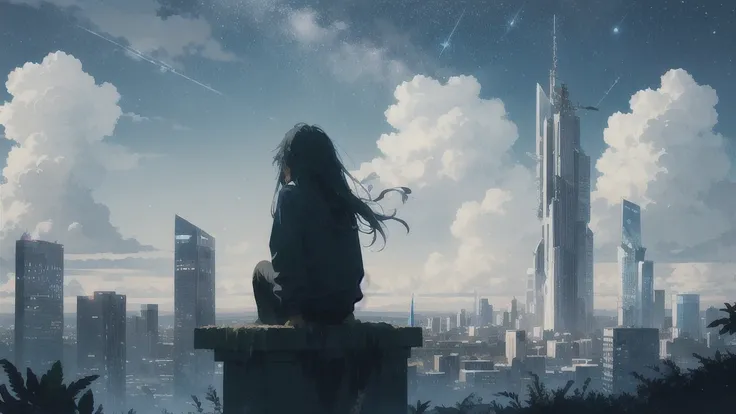 octans, sky, star (sky), scenery, starry sky, night, 1girl, night sky, solo, outdoors, parakeet,building, cloud, milky way, sitting, tree, long hair, city, silhouette, cityscape