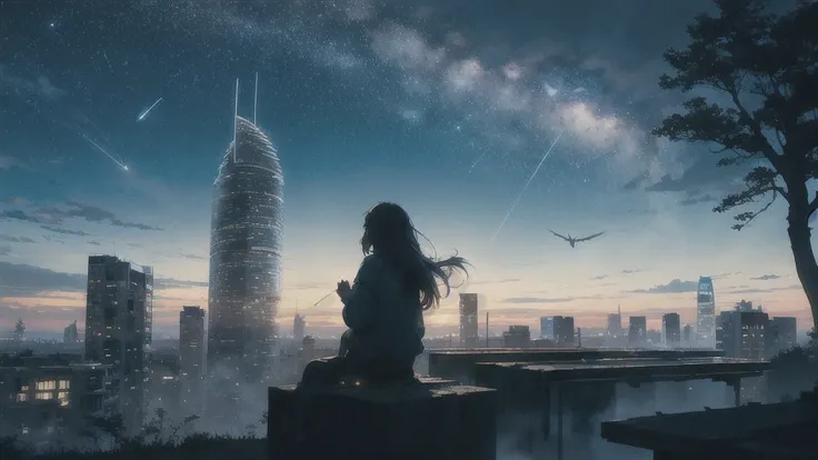 octans, sky, star (sky), scenery, starry sky, night, 1girl, night sky, solo, outdoors, parakeet,building, cloud, milky way, sitting, tree, long hair, city, silhouette, cityscape