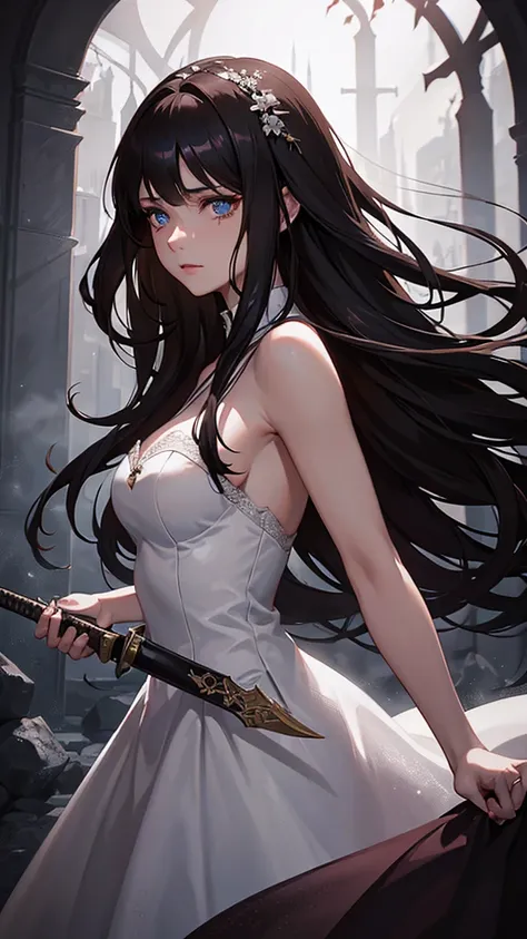 a beautiful detailed young adult girl with long brown hair with bangs, wearing a bloody wedding dress, holding a knife, crying blue eyes, dramatic lighting, dark gothic fantasy style, highly detailed, photorealistic, cinematic, dramatic colors, dramatic sh...