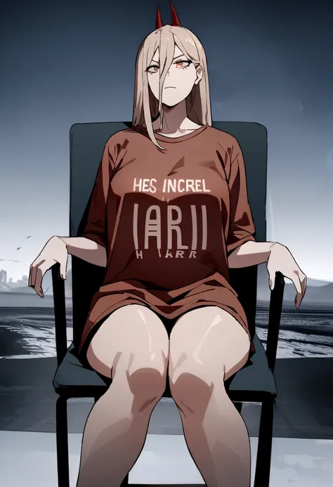 a Power,wearing a large shirt that reaches the thighs, On the shirt it says , text ´´H a r l´´, , sitting in a chair, with a bold face, .4K image,.