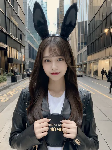 Create a portrait of a beautiful woman, (She is holding a board with "100 Followers" written on it), wearing black bunny ears and a black leather outfit. Raising both arms up in great joy