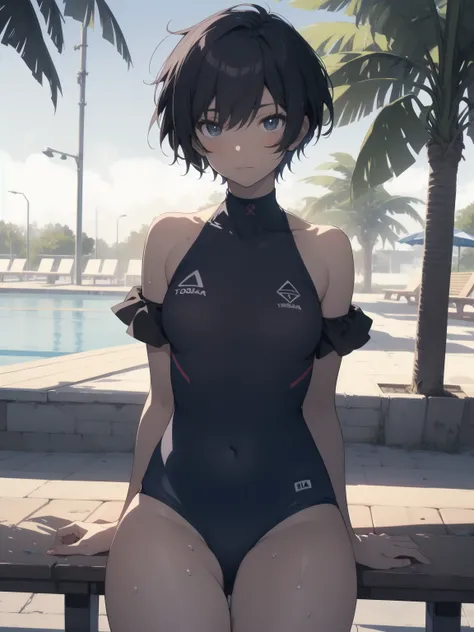 ultra-Top-quality by art God, ultra-detailed, high resolution, shinkai makoto style, anime moe artstyle, best anime 8k konachan wallpaper, pixiv contest winner, perfect anatomy, break,(Please draw a picture of a girl in a swimsuit sitting sleepily on a ben...