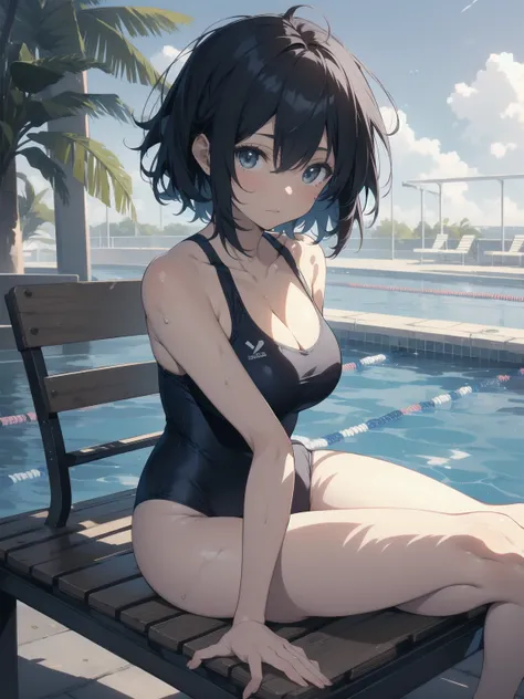 ultra-Top-quality by art God, ultra-detailed, high resolution, shinkai makoto style, anime moe artstyle, best anime 8k konachan wallpaper, pixiv contest winner, perfect anatomy, break,(Please draw a picture of a girl in a swimsuit sitting sleepily on a ben...