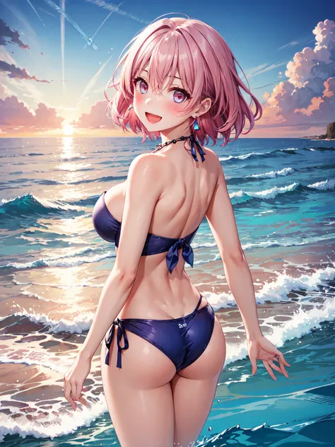 Masterpiece ,best quality , high resolution  , (1 girl solo:1.38) , (big earrings、necklace、sharp eyes、pink hair , short hair , blie eyes ,  tall, slim body) , (wear bikini , strapless , head tilt) , (cleavage:1.0) , (big breast:0.8) , (outdoor , sunset , d...