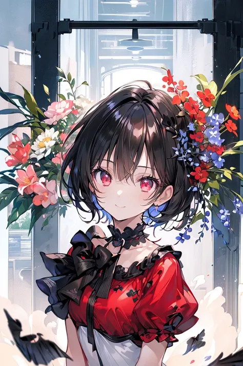 (masterpiece, highest quality, highest quality, (No text), Beautiful and aesthetic:1.2),No text,アニメ、BREAK,One Girl，Black Hair Girl　short hair　older sister　choker　Tree Eyes　Beautiful eyes　Red eyes　cool　smile　Red and Black　Shoulder　Black clothing　mini skirt　...