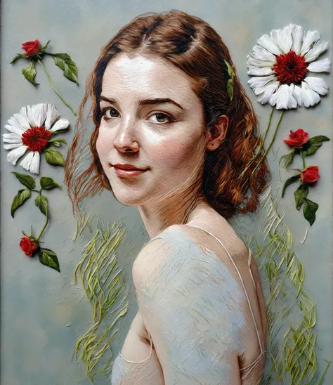 close-up image of a woman with a flower in her hair, very fine detail painting inspired by Eva Švankmajerová, flickr, serial art, portrait no. 1, 4/3 portrait, kate winlet portrait, detailed portrait of a woman, portrait of a woman with flowers, close - up...