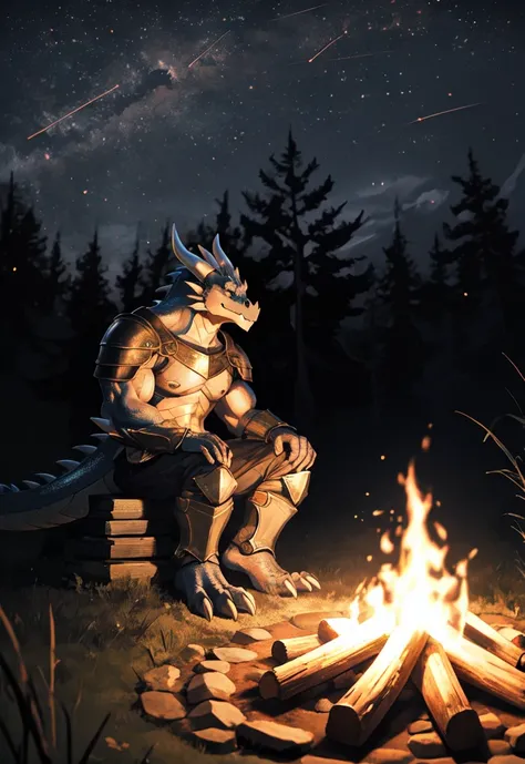 alone, (dragon), anthropology, man, ((black body)), scales, tail, muscle, handsome, armor, Middle Ages, Fantasy, outdoor, outside, dark, nighttime, forest, campfire, camp, star, sit, claw toe, epic, depth of field, perfect light, (light particles),(best qu...