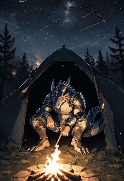 alone, (dragon), anthropology, man, ((black body)), scales, tail, muscle, handsome, armor, Middle Ages, Fantasy, outdoor, outside, dark, nighttime, forest, campfire, camp, star, sit, claw toe, epic, depth of field, perfect light, (light particles),(best qu...