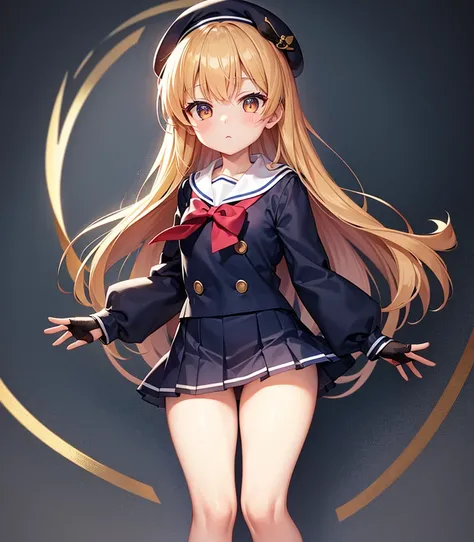 (Sailor suit),(((Navy Mini Skirt))),beret,,Cute little ,Tiny ,Small girl,,Childish face, Very fine clean face,Top quality, Big eyes,Straight Hair,Yellow hair,Crimson Eye,(Dark Room), Subtle light, Natural light,Soft lighting,Light from directly behind, (Ar...