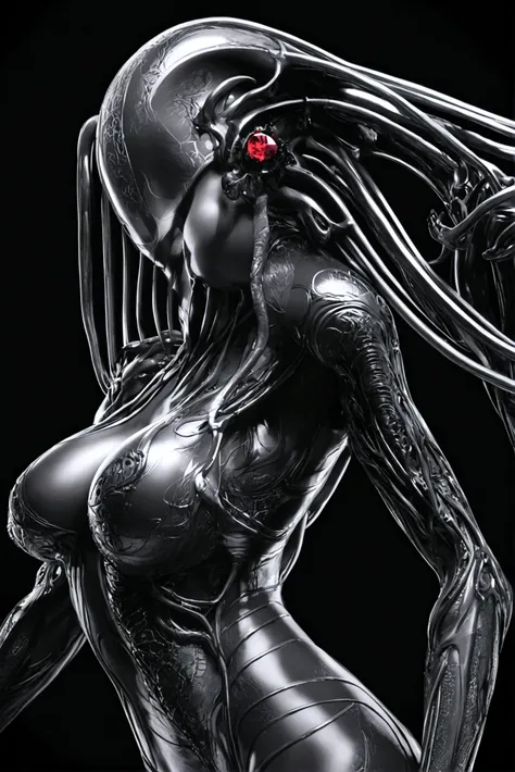 Create an image of Stunningly gorgeous beautiful perfect hr giger sexy seductive dlhr giger girl, Stunningly gorgeous perfect flawless sexy face, hyper detailed neon ruby, large firm breasts, full body view, nude, no color black and gray only,