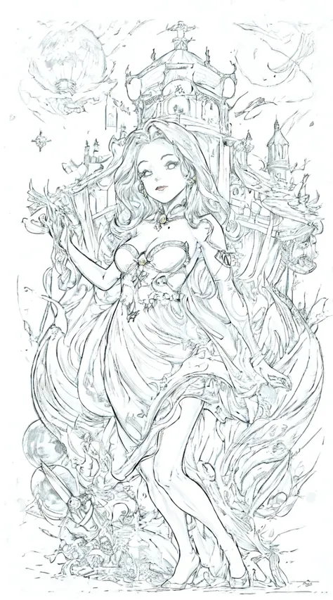 (line art,Monochrome design,drawing pencil,Traditional media:0.9), 1 girl, work of art, best qualityer, The Space Princess of the Moon