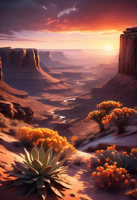 A Canyonlands national park sunset; Moab, ravens, cacti in bloom, dramatic sky and sunset, cinematic quality, high detailed landscape. intricate details, HDR, beautifully shot, hyperrealistic, sharp focus,  megapixels, perfect composition, high contrast, c...