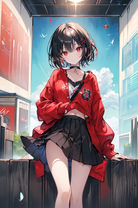 (masterpiece, highest quality, highest quality, (No text), Beautiful and aesthetic:1.2),No text,アニメ、BREAK,One Girl，Black Hair Girl　short hair　older sister　choker　Tree Eyes　Beautiful eyes　Red eyes　cool　smile　Red and Black　Black clothing　mini skirt　whole bod...