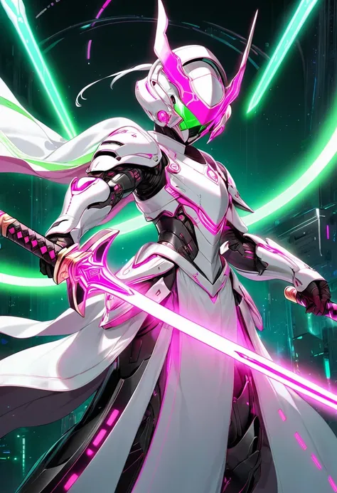 1guy, futuristic armored robes thats made of a white metal with green and pink accent lights, wielding 2 curved swords made of solid pink light