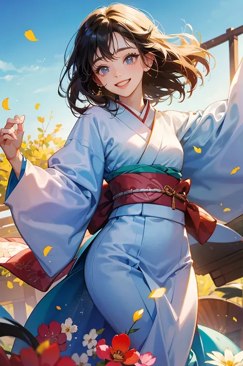 A beautiful smiling woman in a kimono greets people with a cheerful "Good morning" as her arms open under the blue sky