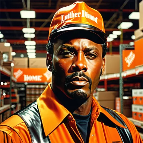 1970s r&b male superstar "Luther Diamond" in "Home Depot" uniform,detailed realistic portrait, hyper-realistic, high contrast lighting, dramatic chiaroscuro, dramatic shadows, highly detailed, incredibly detailed, cinematic, glowing skin, piercing eyes, po...