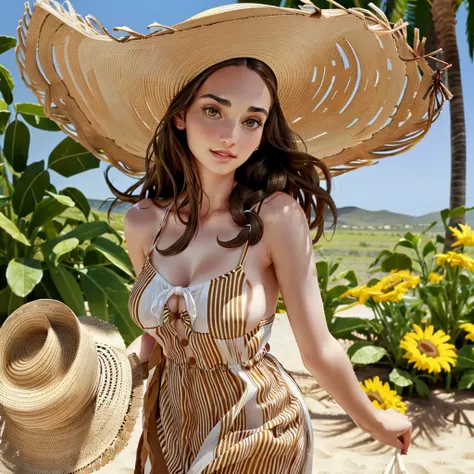 portrait of white brunette brown eyes woman with highly detailed face abby shapiro dancing in a striped sundress and straw hat, masterpiece, best quality full nude topless 