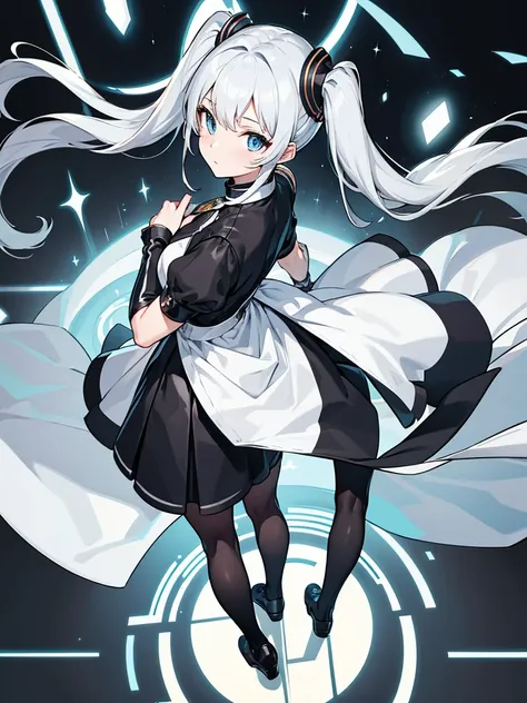 White capellets、Black high neck shirt、Leather skirt、black tights, full body、looking back, from above、clear face, silver hair, twintails, anime, tachi-e, masterpiece, best quality, 4K