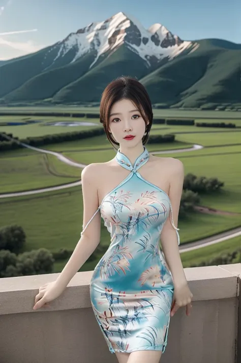 best quality,Human Development Report,Ultra HD,8K,Bright colors,Solitary,photo_,(1 Girl:1.3),(permanent:1.3),(Looking at the audience:1.4),elegant,detailed gorgeous face,(Cowboy shooting:1.2),(Mountain Background:1.2),rc,cheongsam,