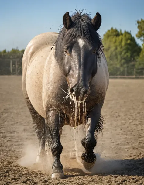 full rear view of a very large fat  very hairy cob type  horse stallion with 2 big lumps of horse dung dropping to the ground out of  rectum at the centre of a big bum and sliding down legs.  huge  volume of urine pouring out of erect horse penis flooding ...