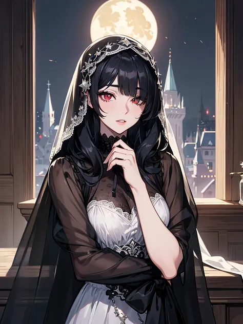 (Super detailed:1.3), ((((best quality)))), ((masterpiece)), female focus, solo,hotify, stunning beauty, powerful glow, detailed face, detailed eyes, detailed lips,castle interior background,(nighttime),moonlight,((black hair)),long hair, black mourning dr...