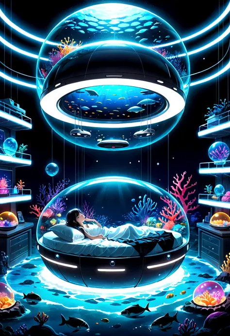 In the sea、Floating on the seabed、A beautiful world of neon lights。A round capsule is floating in the middle of it.。Inside the capsule、There is a bed that emits neon lights.。