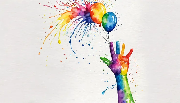 there is a hand print of a childs hand with a balloon, finger painting, colourful hand drawing, painted with colour on white, water color splash, rainbow splash of ink, colorful watercolor painting, colorful watercolor, colored paint, inkblots of color, wa...