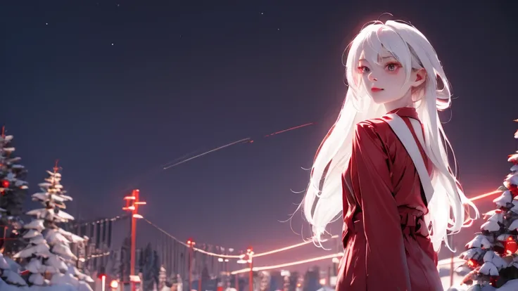 1 Girl, medium light white hair, light white eyes, wearing Red Suit 4D , night TOWN 18+, high res, ultrasharp, 8K, masterpiece, looking from behind